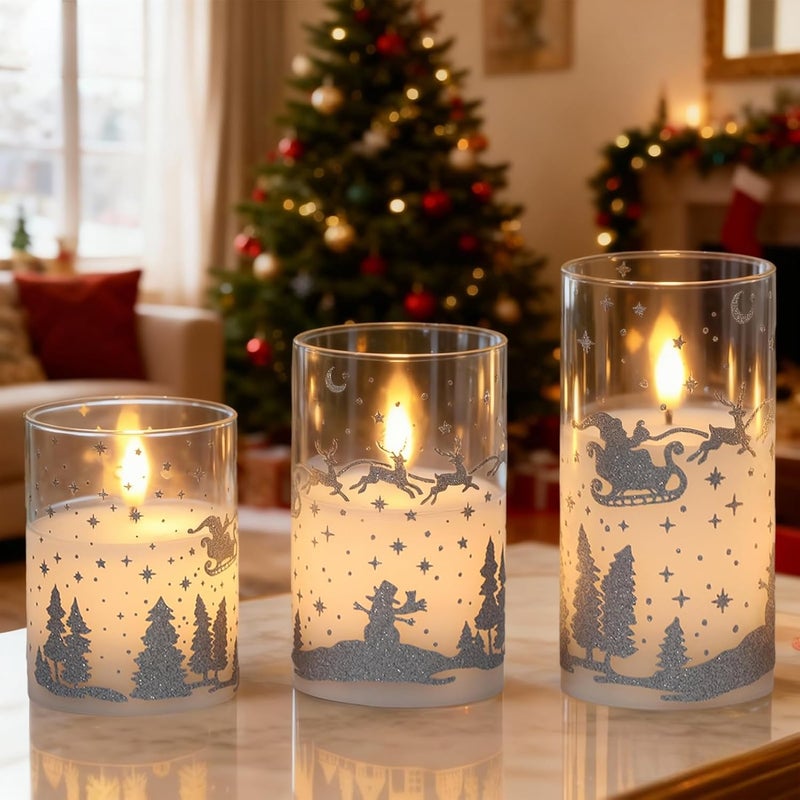 DRomance Reindeer Glass Flameless Candles Battery Operated with Remote and Timer Real Wax Silver Glitter 3D Wick LED Flickering Candles Warm Light Indoor Christmas Holiday Decor 3" D x 4", 5", 6" H - Image 4